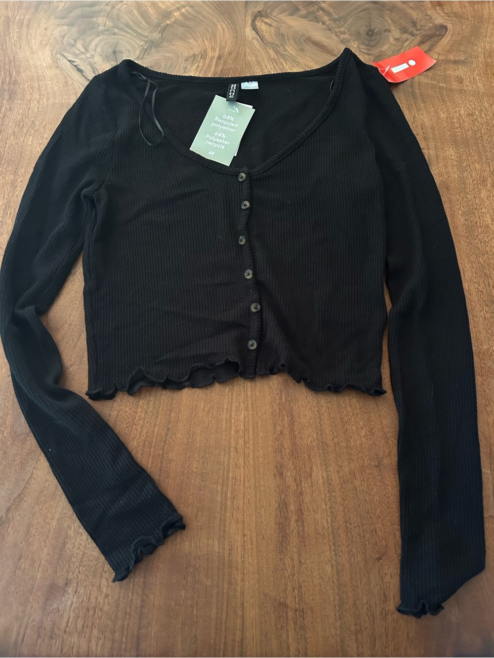 H&M Black Ribbed Cropped Button-Up Long Sleeve Top